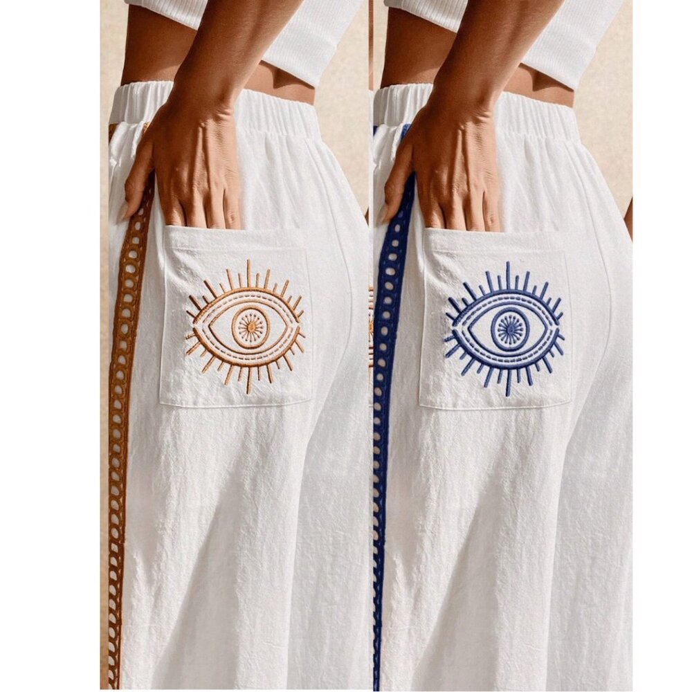 Embroidered Pocket Eye Pattern Cotton Wide Leg Pant - Picture 2 of 14
